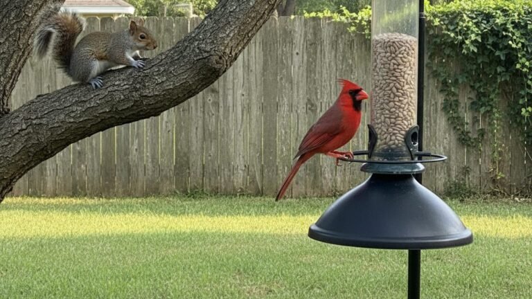 backyard bird feeder protected from squirrels with baffle and smart placement