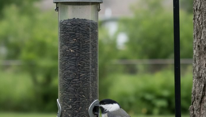 Black-capped chickadee perched on a tube bird feeder in a backyard