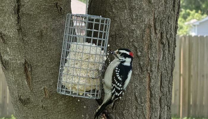 Downy woodpecker clinging to a suet feeder cage in a backyard