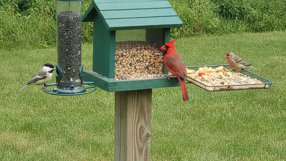 Several types of bird feeders including tube, hopper, and platform feeders in a backyard