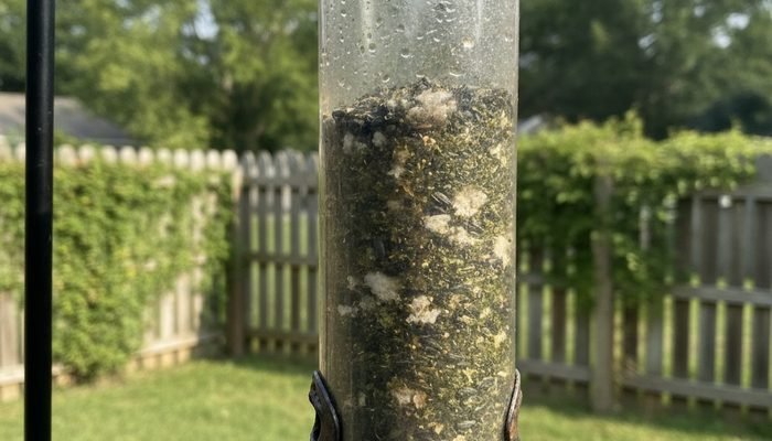 Moldy clumped birdseed sitting unused in a backyard feeder