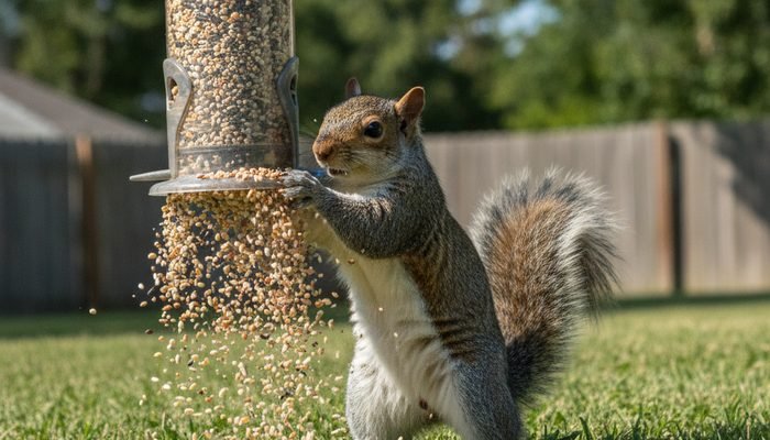 Gray squirrel hogging a backyard bird feeder and scaring birds away