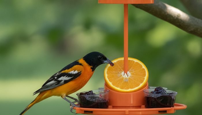 Male Baltimore Oriole feeding at an orange oriole feeder with jelly cups and orange half