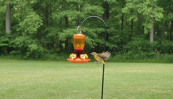 Oriole feeder placed near tall trees at the edge of an open backyard