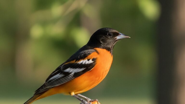 Male Baltimore Oriole eating orange slice at a backyard bird feeder