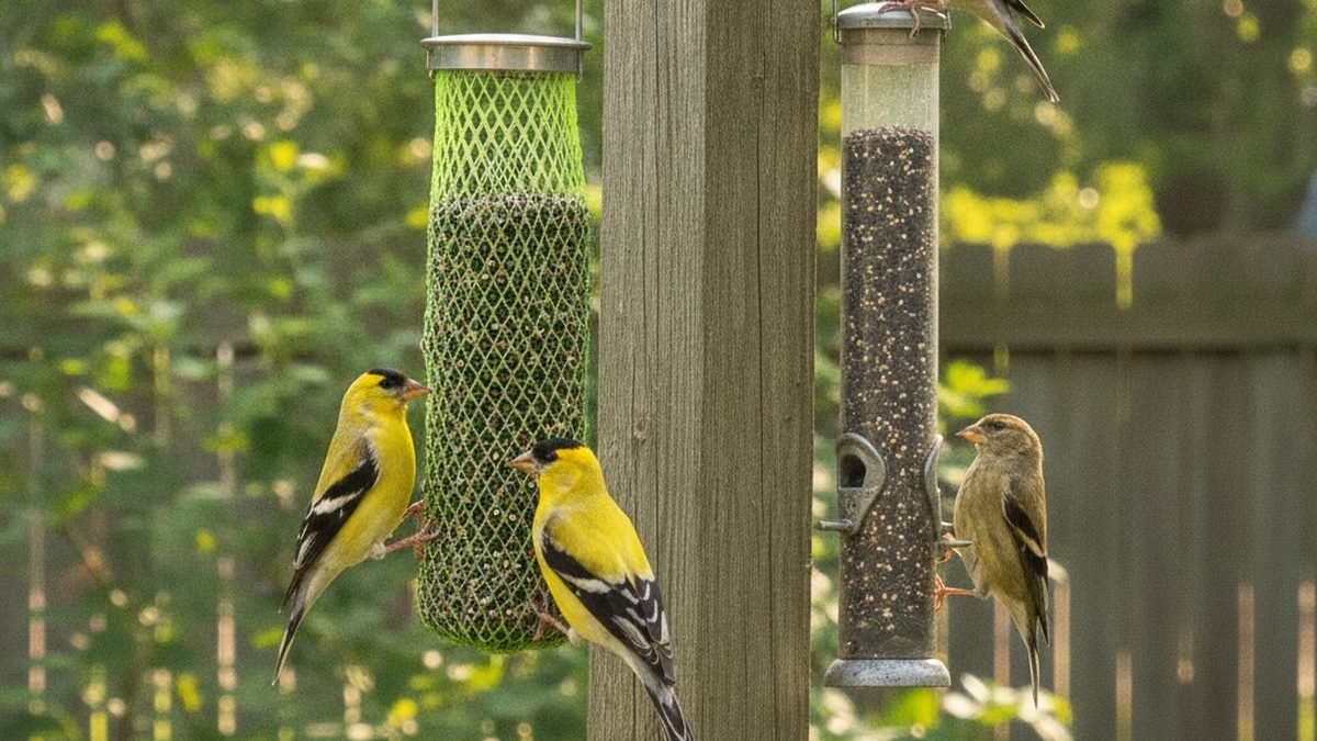 Goldfinches flocking to a nyjer seed feeder in a backyard