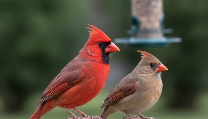 Male and female Northern Cardinal pair perched together at a backyard feeder