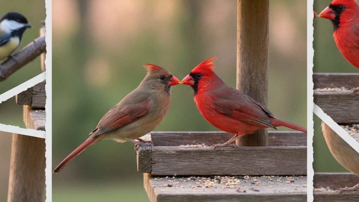 Pair of birds that mate for life perched together at a backyard bird feeder