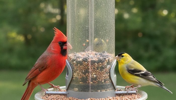 Northern Cardinal and American Goldfinch avoiding milo seed at feeder