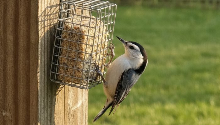 White-breasted nuthatch clinging upside down on a wire suet feeder