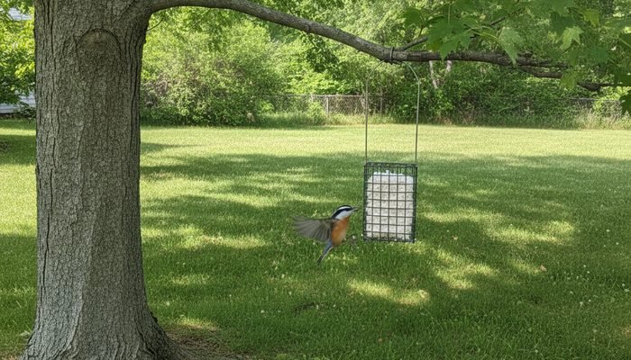 Red-breasted nuthatch flying toward a feeder placed near a mature maple tree