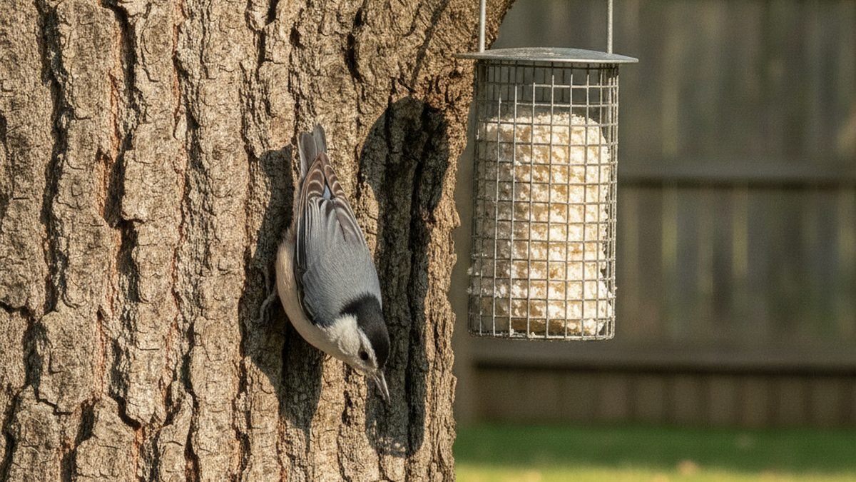 White-breasted nuthatch perched on tree bark next to a backyard suet feeder