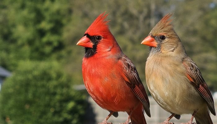 Male and female Northern Cardinal side by side showing color differences