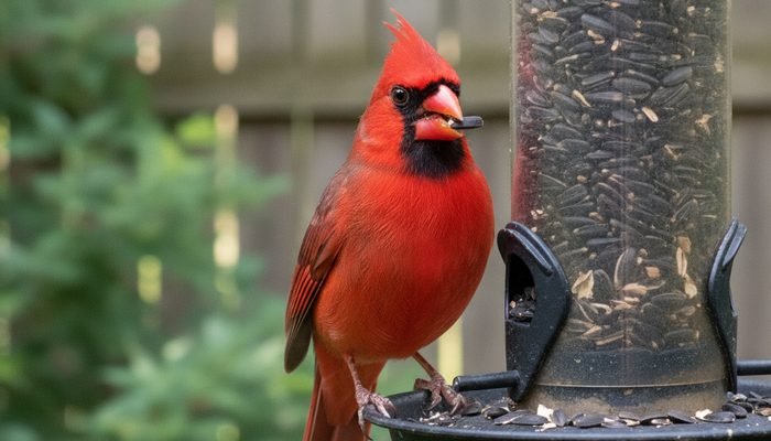 Northern Cardinal cracking sunflower seeds at a backyard feeder