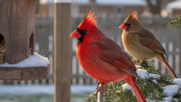 Male and female Northern Cardinal pair perched together in a backyard
