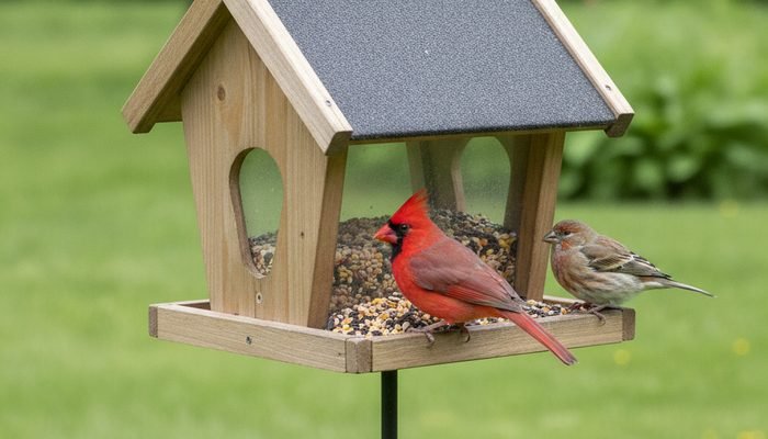 Cardinal and House Finch feeding at a wooden hopper feeder in a backyard