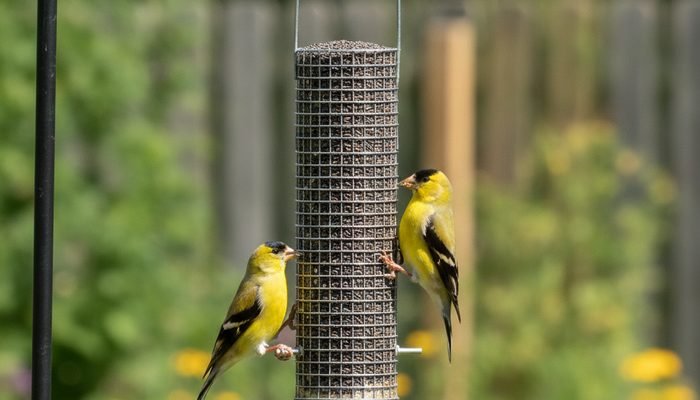 American Goldfinches feeding on nyjer seed from a tube feeder