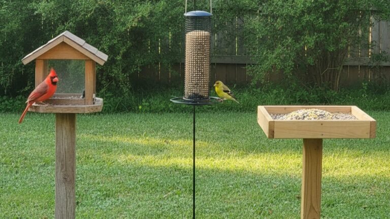 Hopper, tube, and platform bird feeders side by side in a backyard with cardinal and goldfinch