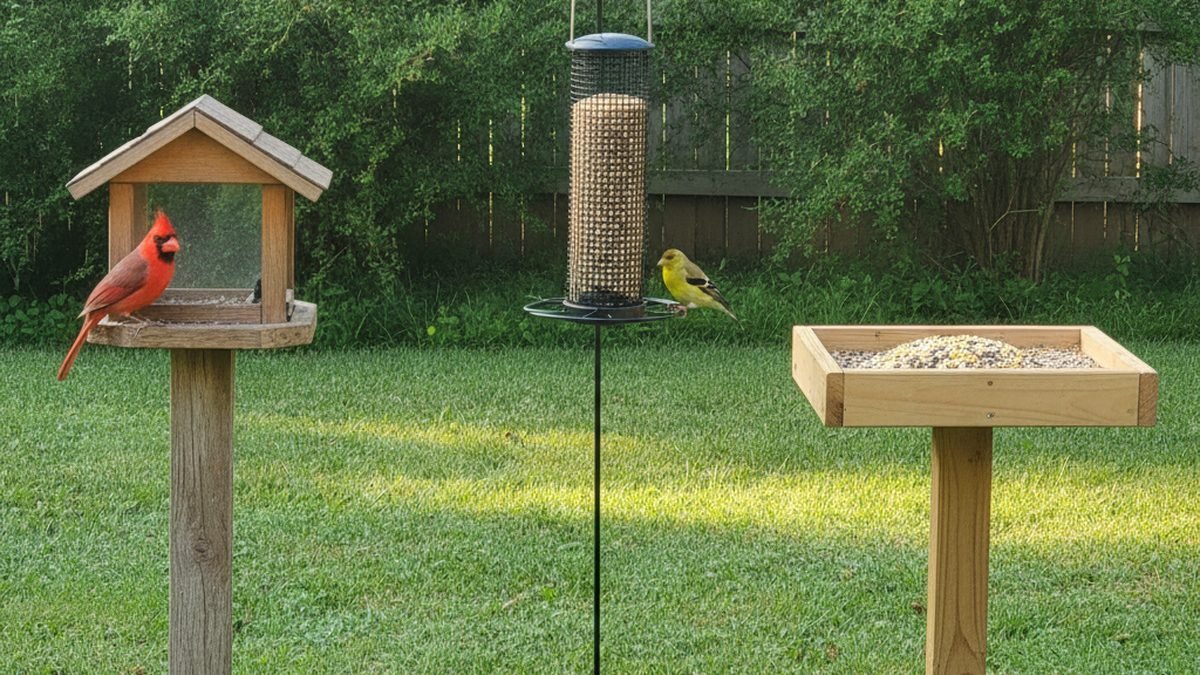 Hopper, tube, and platform bird feeders side by side in a backyard with cardinal and goldfinch