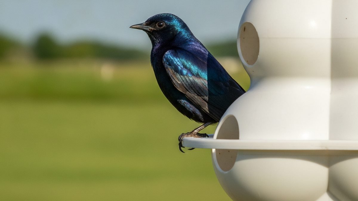 Purple Martin perched near its birdhouse, one of the birds that eat mosquitoes
