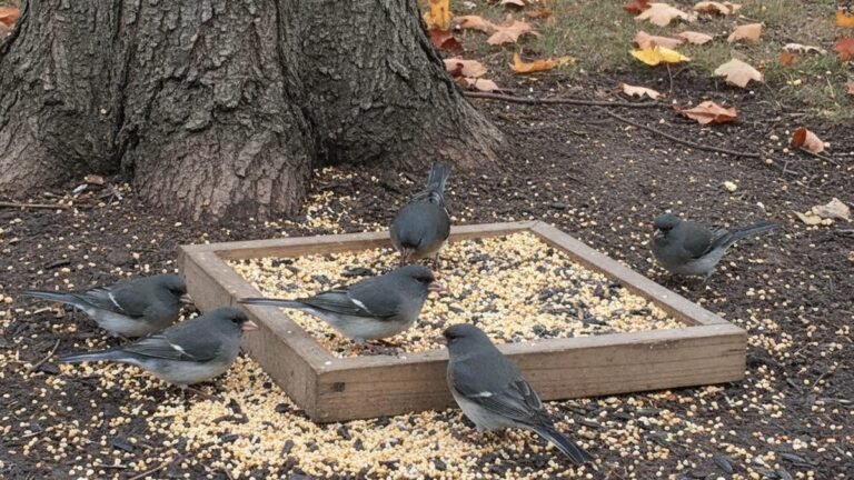 Dark-eyed juncos gathered at a backyard feeding area