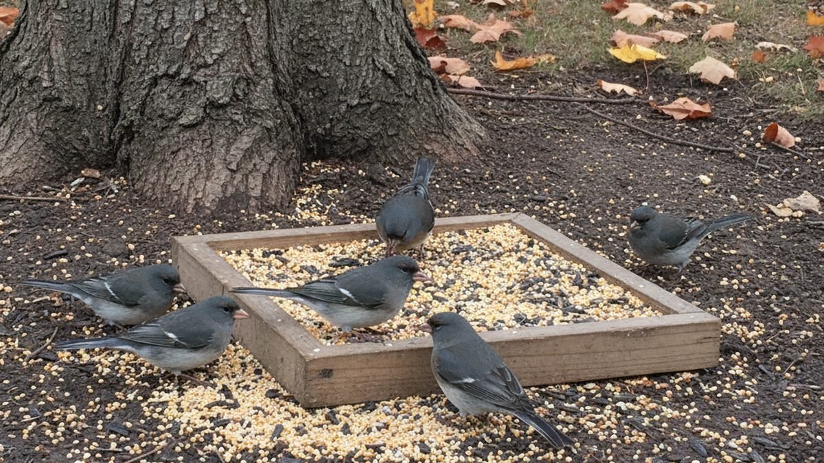 Dark-eyed juncos gathered at a backyard feeding area