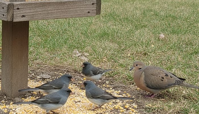 Dark-eyed juncos and a mourning dove eating cracked corn scattered on the ground