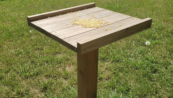 Small amount of cracked corn scattered on a platform feeder for safe feeding