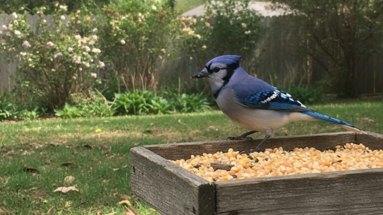 Blue jay and juncos feeding on cracked corn at a backyard platform feeder