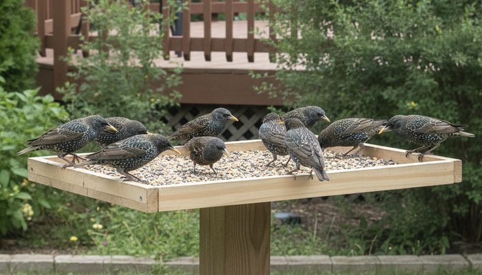 Starlings crowding a flat open platform feeder in a backyard