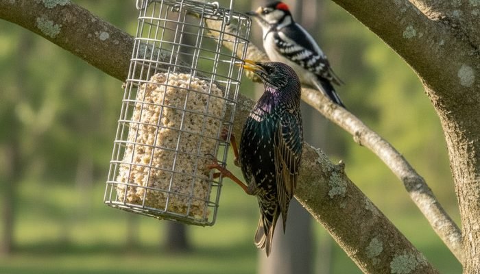 Starling hogging a suet cage feeder meant for woodpeckers