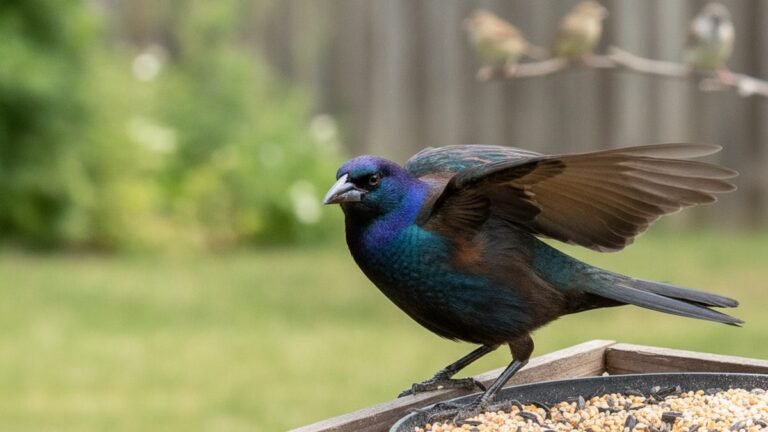 Common grackle bullying other birds off a backyard platform feeder