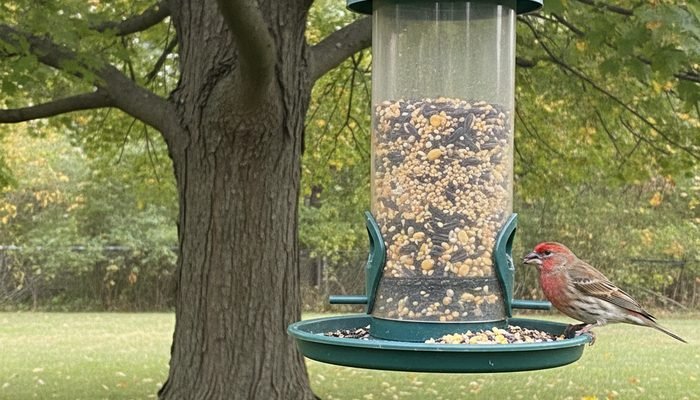 House Finch perched on a basic hopper feeder in a backyard by a maple tree