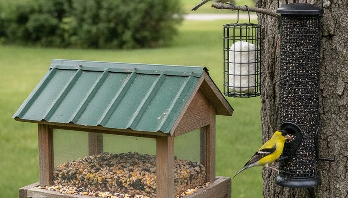 Backyard with hopper, nyjer tube, and suet feeders attracting goldfinch and chickadee
