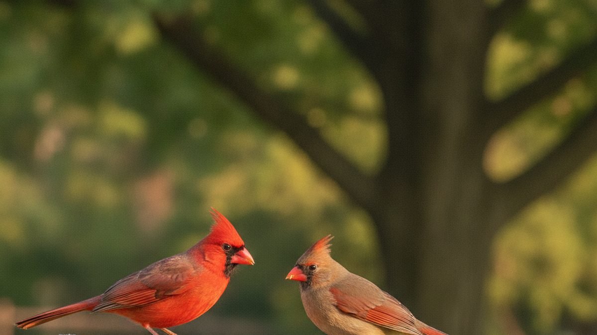 Northern Cardinal pair feeding together at a backyard platform feeder in morning light