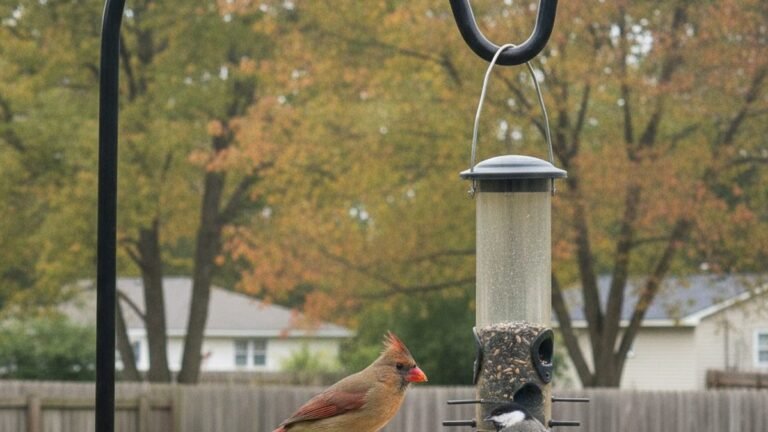 fall bird feeding transition with cardinal and chickadee at backyard feeders