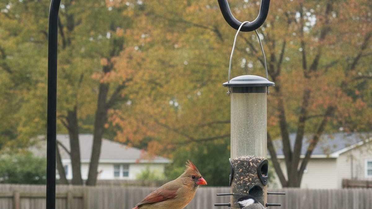 fall bird feeding transition with cardinal and chickadee at backyard feeders