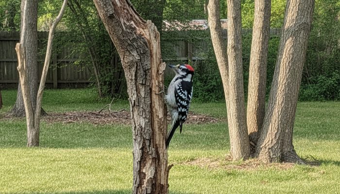 Downy Woodpecker drilling into a dead tree limb for insects