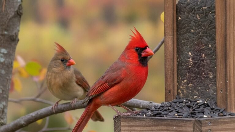 Male and female Northern Cardinal at a backyard feeder in Ohio