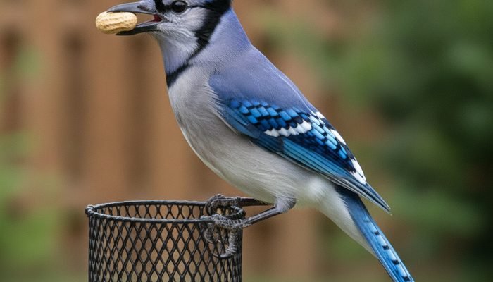 Blue Jay eating an in-shell peanut from a backyard feeder