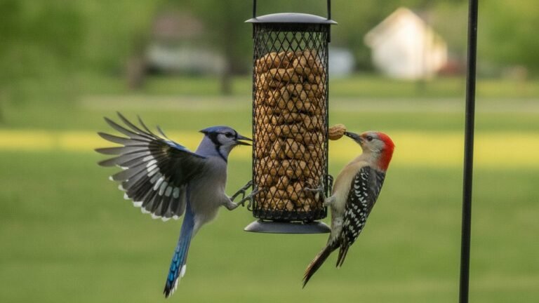 Blue Jay and Red-bellied Woodpecker sharing a peanut feeder in a backyard
