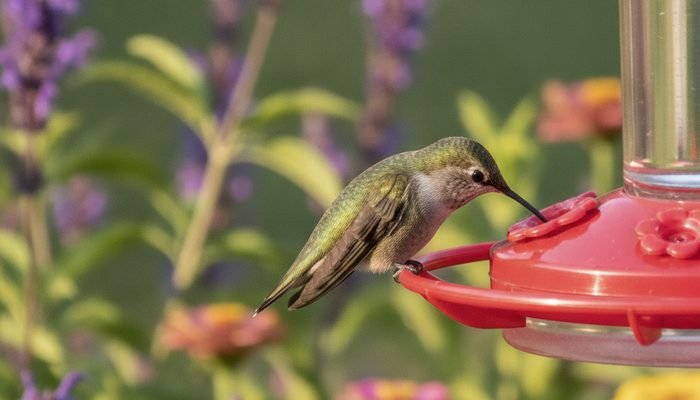 Migrating female hummingbird refueling at a backyard nectar feeder