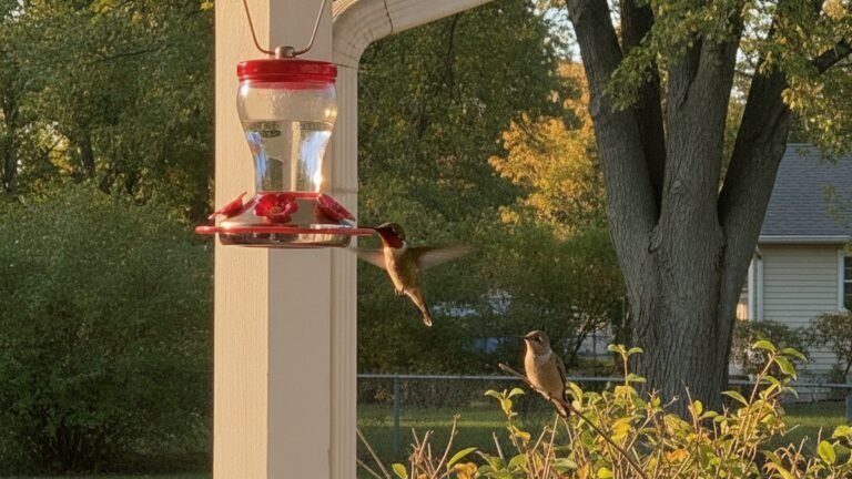Hummingbirds at a backyard feeder during fall migration season
