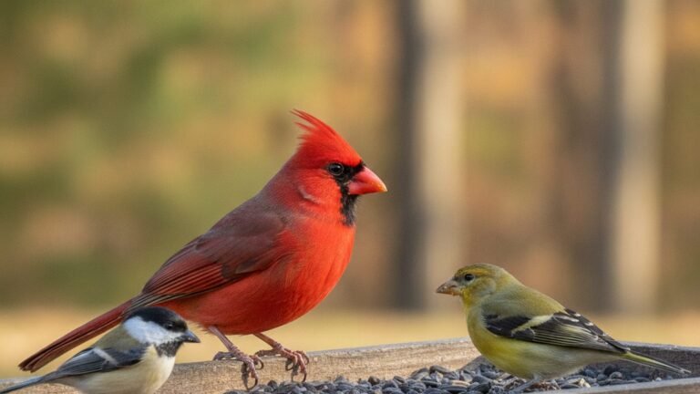 Pennsylvania backyard birds including a Northern Cardinal gathered at a backyard feeder