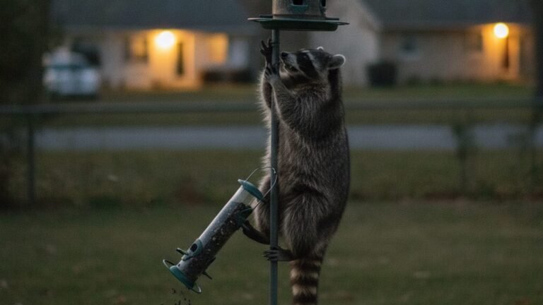 Raccoon climbing a bird feeder pole at dusk in a backyard
