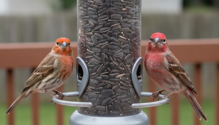 House finch and purple finch sharing a tube feeder with sunflower seed